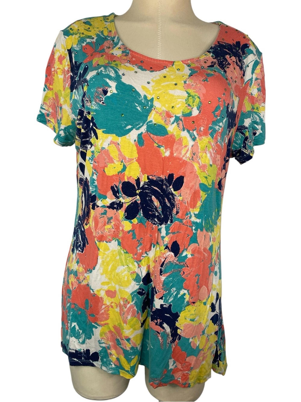Ruby Rd Floral Scoop Neck Short Sleeve Top - Coral & Teal Women’s Large